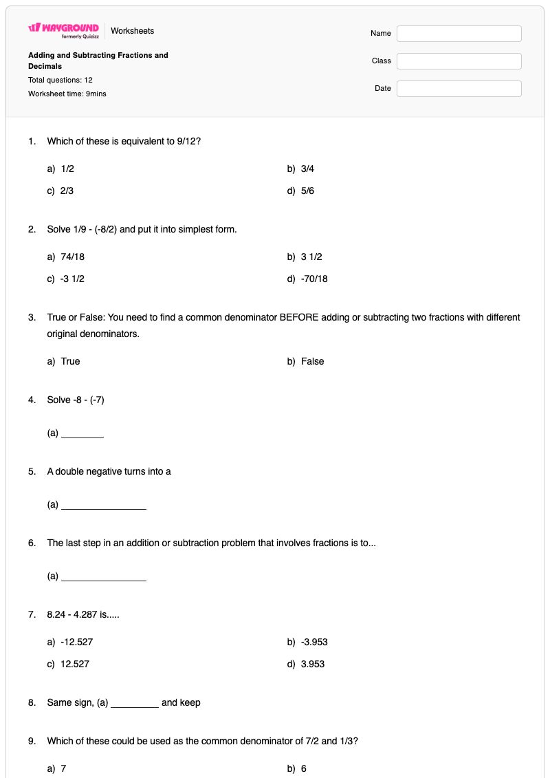 Adding and Subtracting Fractions and Decimals - Printable Adding-and-subtracting-fractions Worksheets Grade 7 - Wayground
