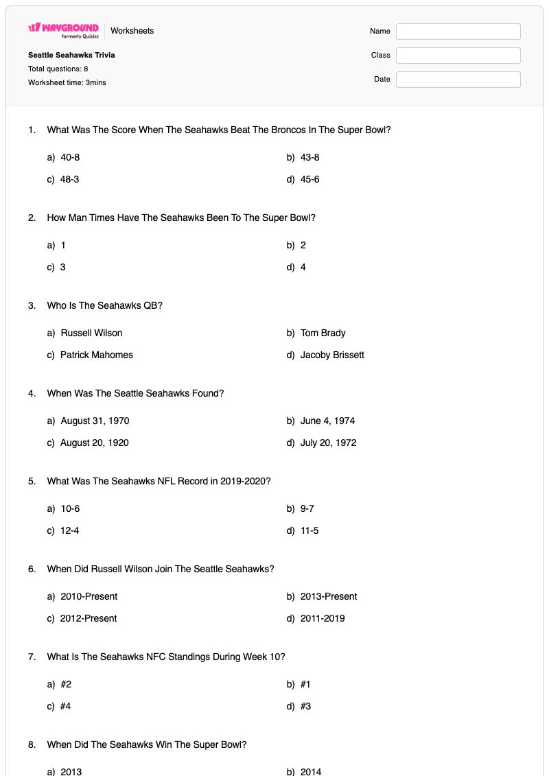 Seattle Seahawks Trivia - Printable Algebra Worksheets - Wayground