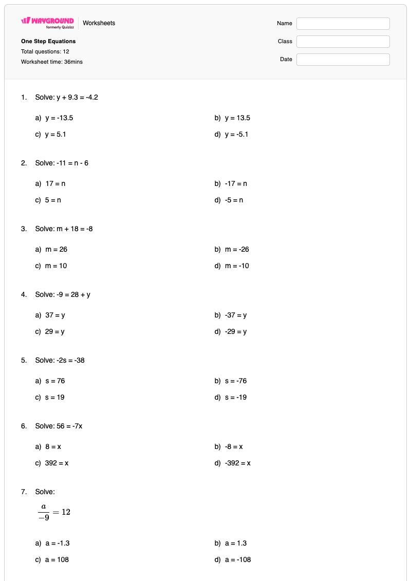 One Step Equations - พิมพ์ได้ สมการขั้นตอนเดียว เวิร์กชีท - Wayground