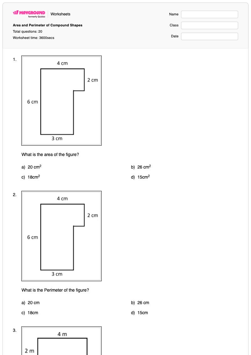 Area and Perimeter of Compound Shapes - พิมพ์ได้ พื้นที่และปริมณฑล เวิร์กชีท - Wayground