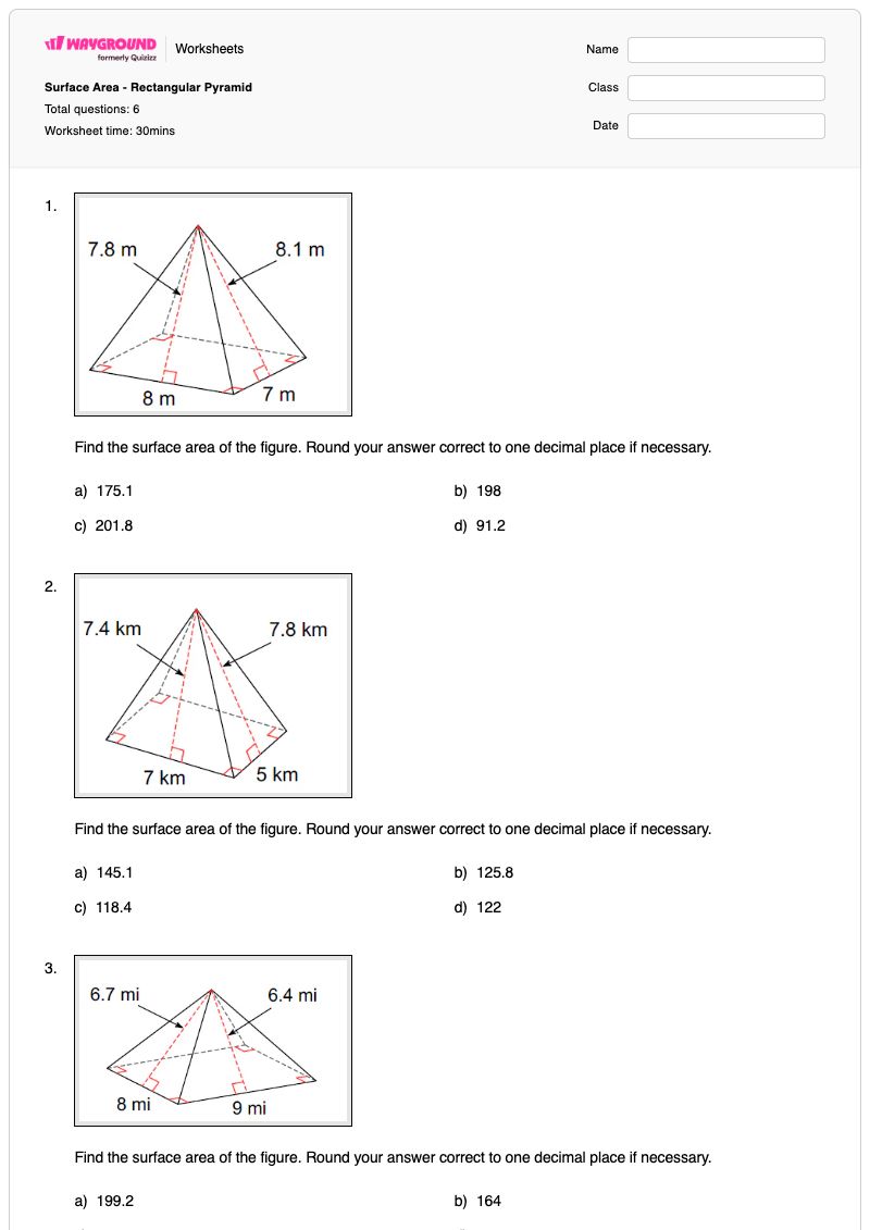 Surface Area - Rectangular Pyramid - พิมพ์ได้ Rectangular-pyramid เวิร์กชีท ระดับ 10 - Wayground