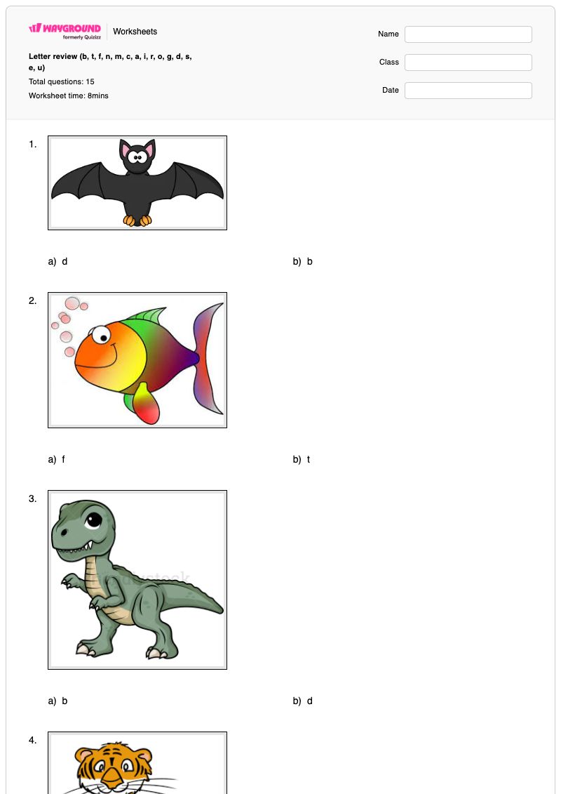 Letter review (b, t, f, n, m, c, a, i, r, o, g, d, s, e, u) - Printable The-letter-f Worksheets - Wayground