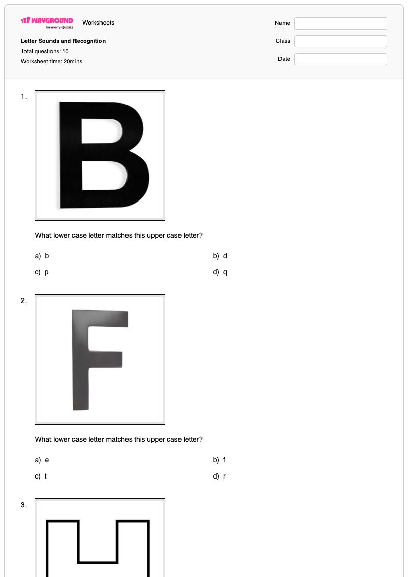 Letter Sounds and Recognition - พิมพ์ได้ Letter-matching เวิร์กชีท ระดับ 1 - Wayground