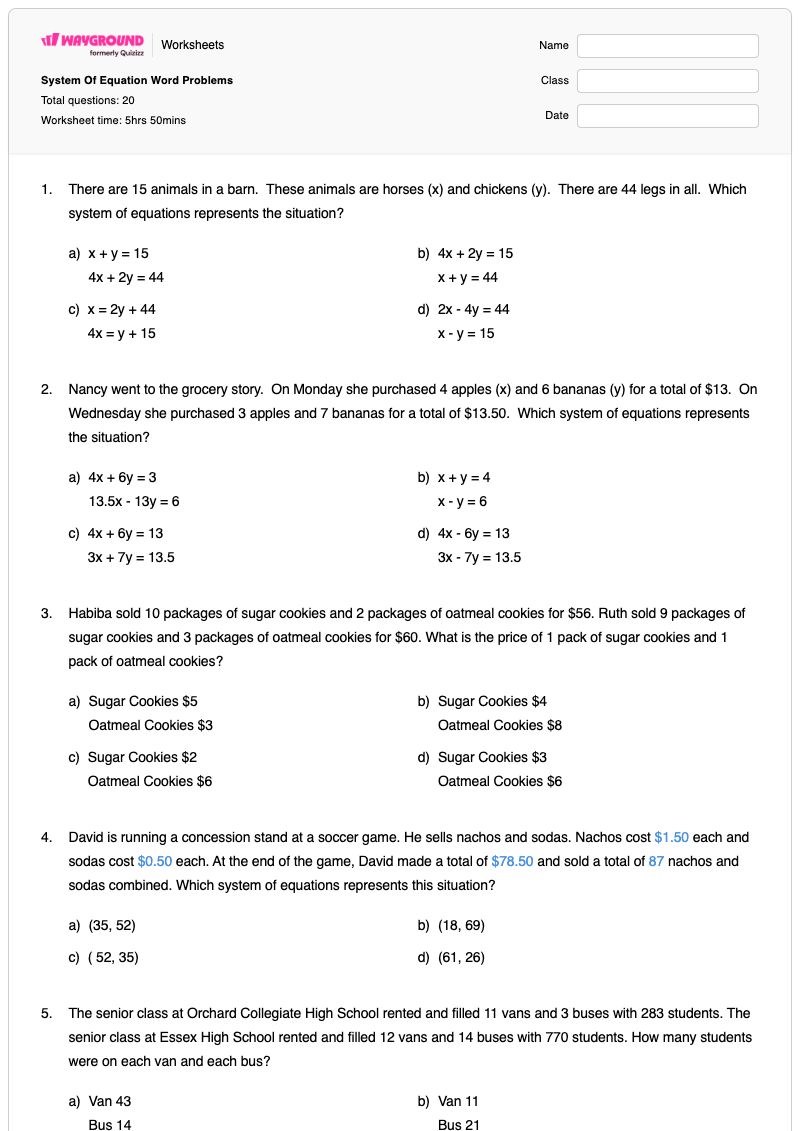 System Of Equation Word Problems - Printable System-of-equations-word-problems Worksheets - Wayground