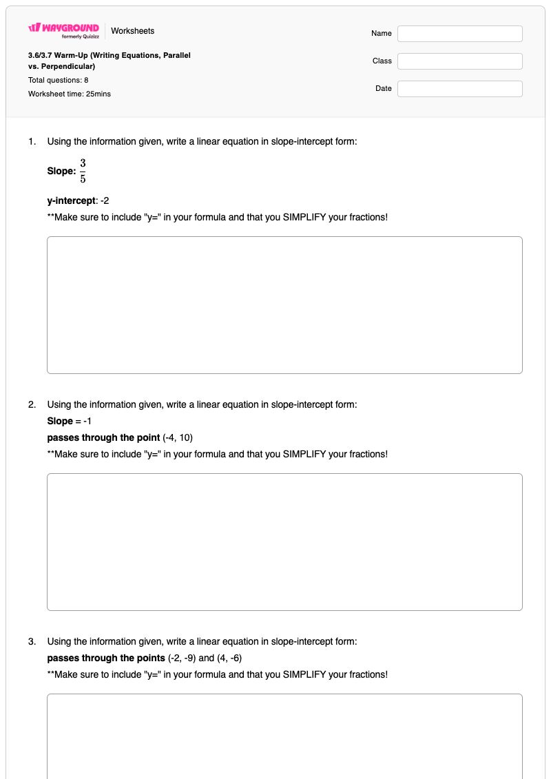 3.6/3.7 Warm-Up (Writing Equations, Parallel vs. Perpendicular) - พิมพ์ได้ เส้นขนานและเส้นตั้งฉาก เวิร์กชีท - Wayground