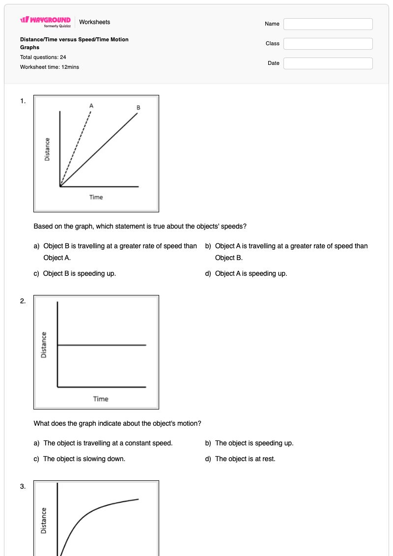 Distance/Time versus Speed/Time Motion Graphs - พิมพ์ได้ Distance-and-time-graphs เวิร์กชีท - Wayground