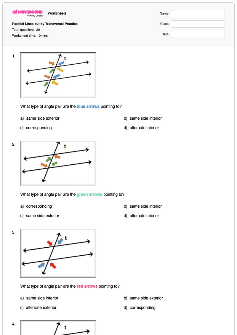 Parallel Lines cut by Transversal Practice - พิมพ์ได้ เส้นตัดขวางของเส้นขนาน เวิร์กชีท - Wayground