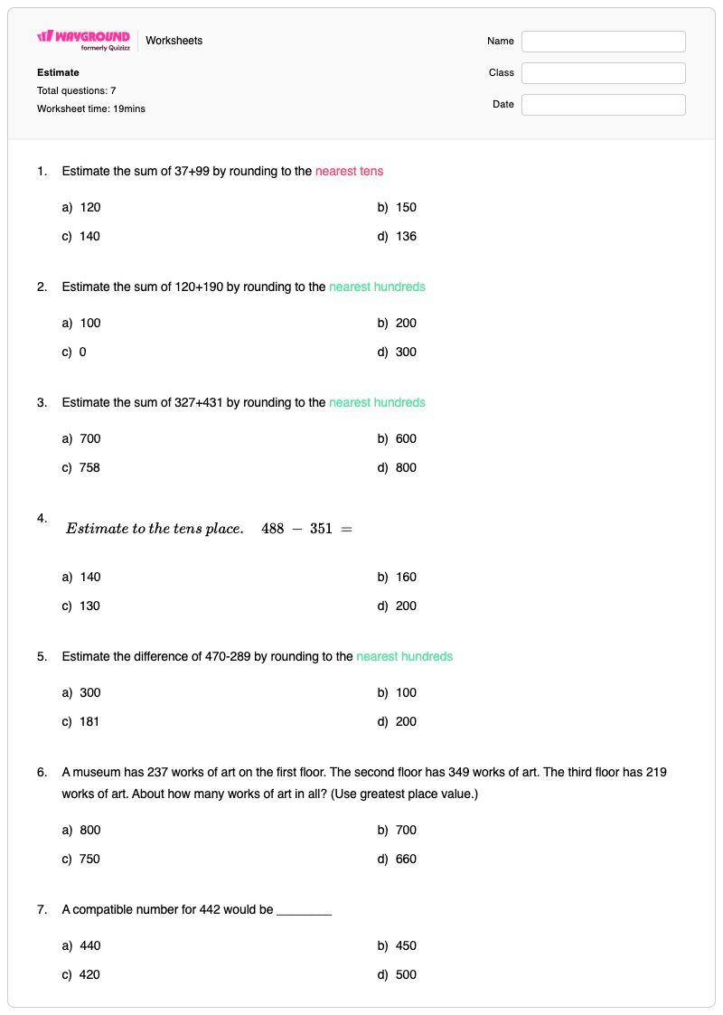 Estimate - พิมพ์ได้ Addition-and-subtraction เวิร์กชีท - Wayground