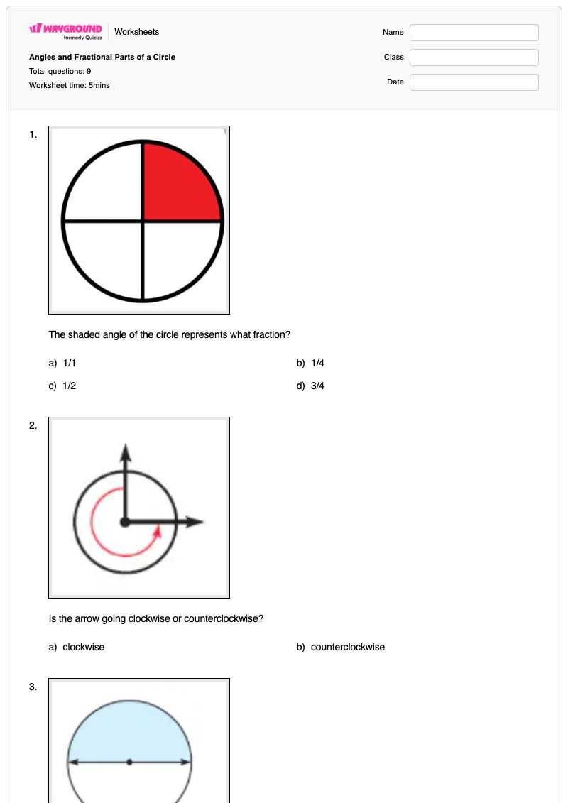 Angles and Fractional Parts of a Circle - พิมพ์ได้ Parts-of-a-circle เวิร์กชีท ระดับ 4 - Wayground