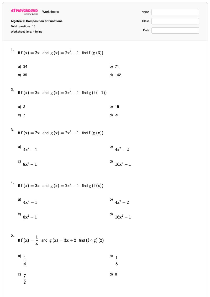 Algebra 2: Composition of Functions - Printable Algebra-2 Worksheets - Wayground