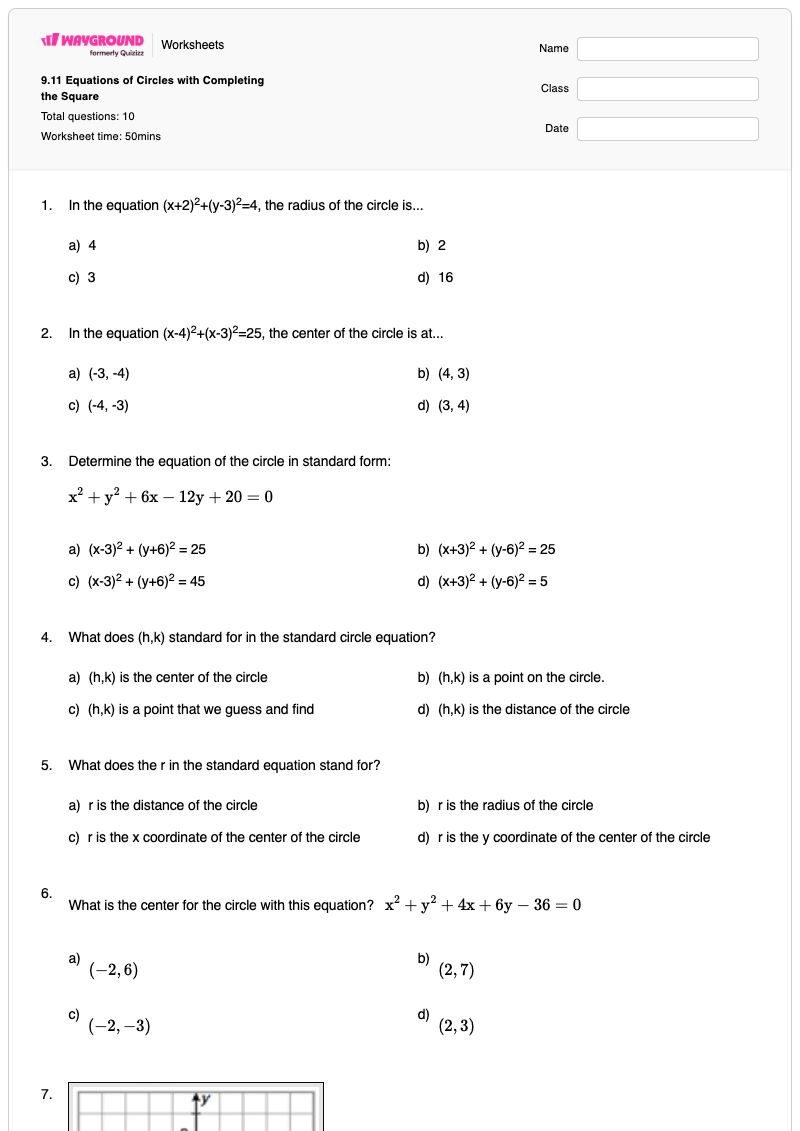 9.11 Equations of Circles with Completing the Square - พิมพ์ได้ การทำให้เป็นกำลังสองสมบูรณ์ เวิร์กชีท - Wayground