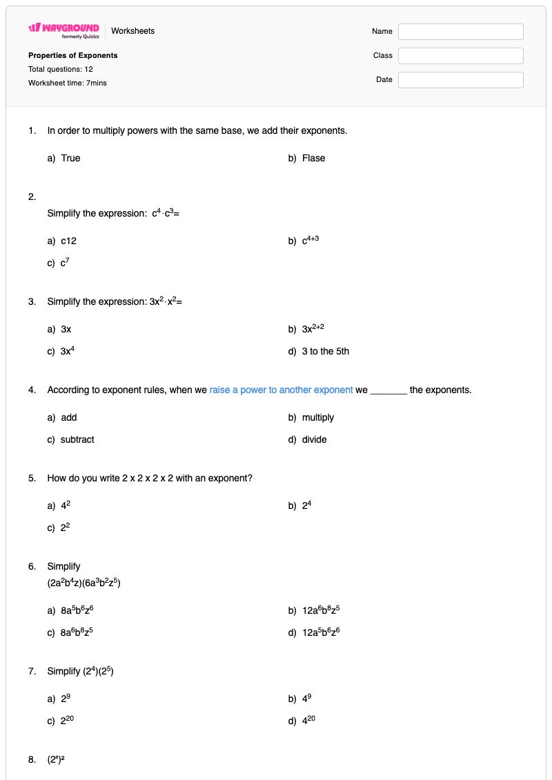 Properties of Exponents - พิมพ์ได้ การดำเนินการยกกำลัง เวิร์กชีท - Wayground
