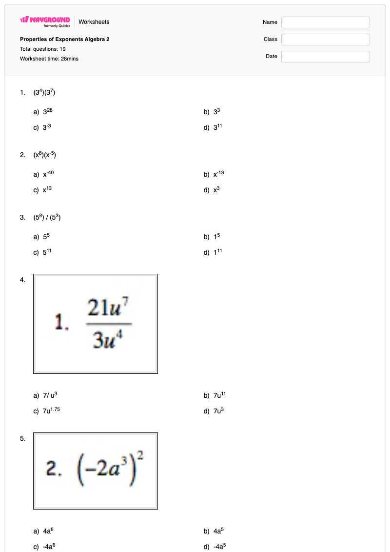 Properties of Exponents Algebra 2 - พิมพ์ได้ คุณสมบัติของเลขยกกำลัง เวิร์กชีท - Wayground
