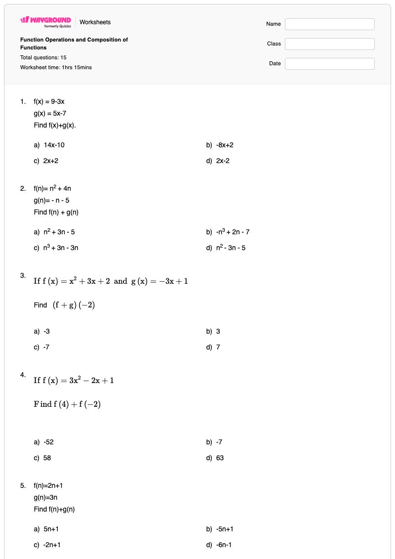 Function Operations and Composition of Functions - พิมพ์ได้ ฟังก์ชันการทำงาน เวิร์กชีท - Wayground