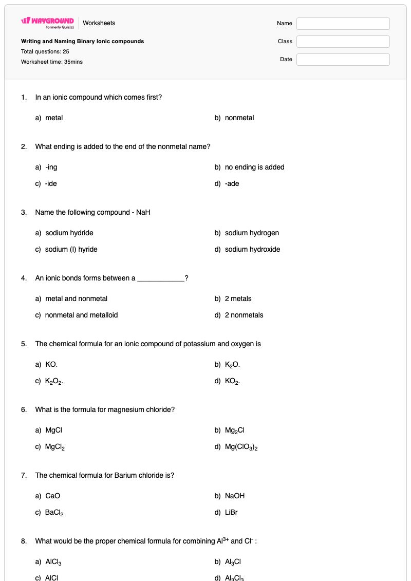 Writing and Naming Binary Ionic compounds - พิมพ์ได้ สารประกอบไอออนิกแบบไบนารี เวิร์กชีท - Wayground