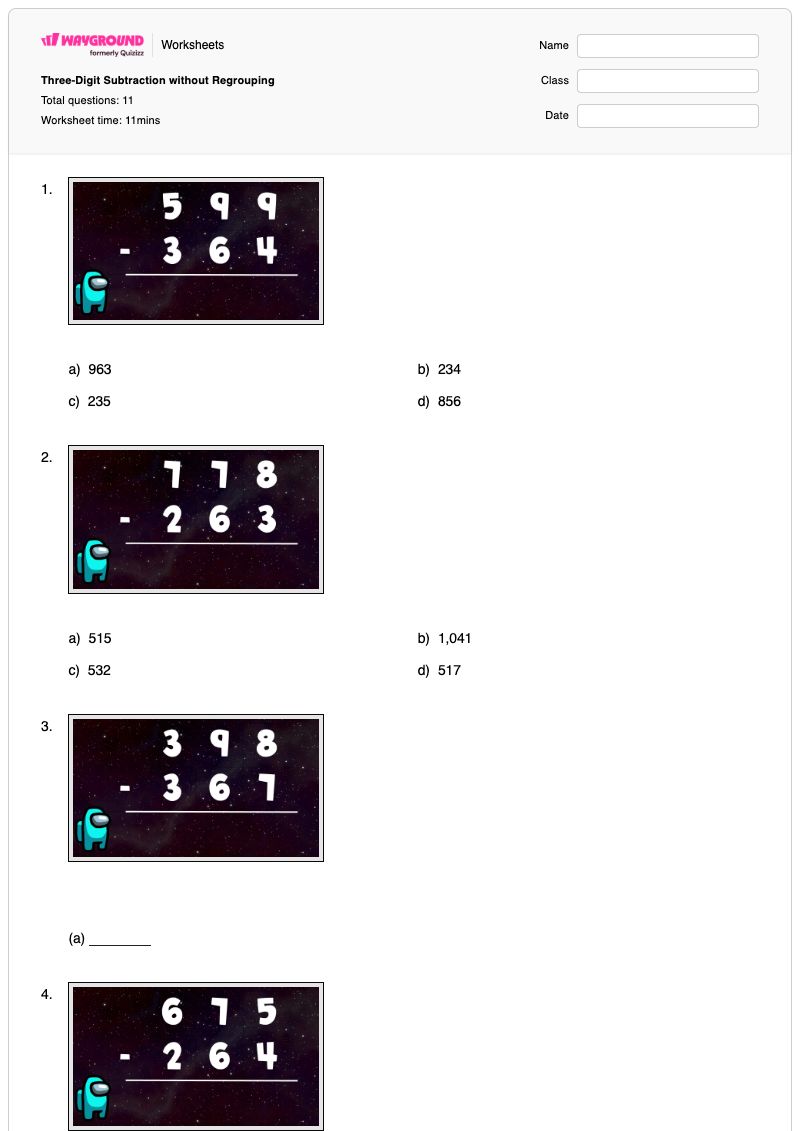 Three-Digit Subtraction without Regrouping - Printable Three-digit-subtraction-with-regrouping Worksheets Class 3 - Wayground