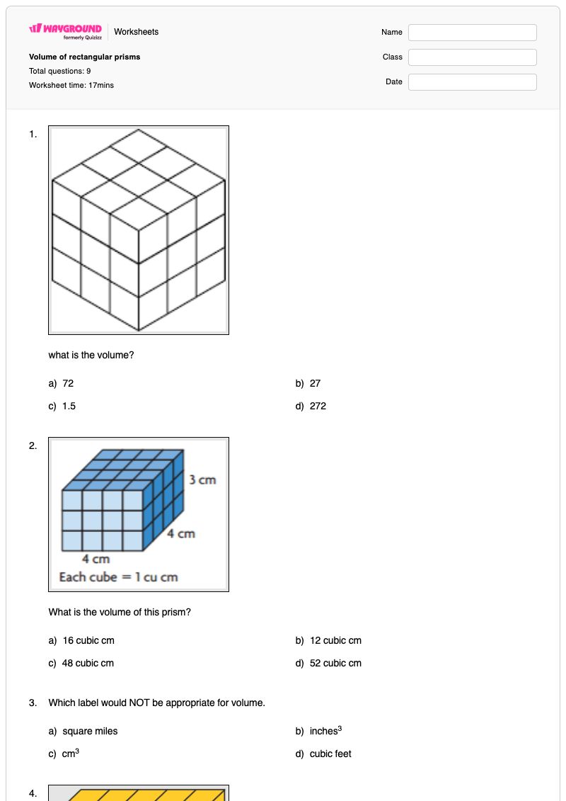 Volume of rectangular prisms - Printable Volume-of-a-rectangular-prism Worksheets Grade 5 - Wayground