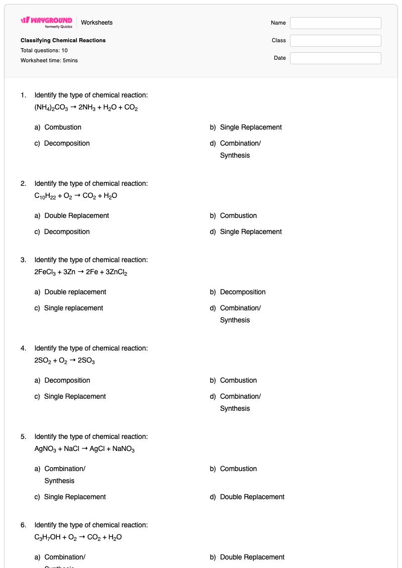 Classifying Chemical Reactions - พิมพ์ได้ Classifying-reactions เวิร์กชีท ระดับ 10 - Wayground