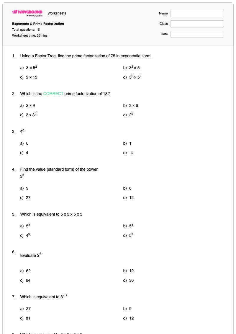Exponents & Prime Factorization - พิมพ์ได้ การแยกตัวประกอบเฉพาะ เวิร์กชีท - Wayground