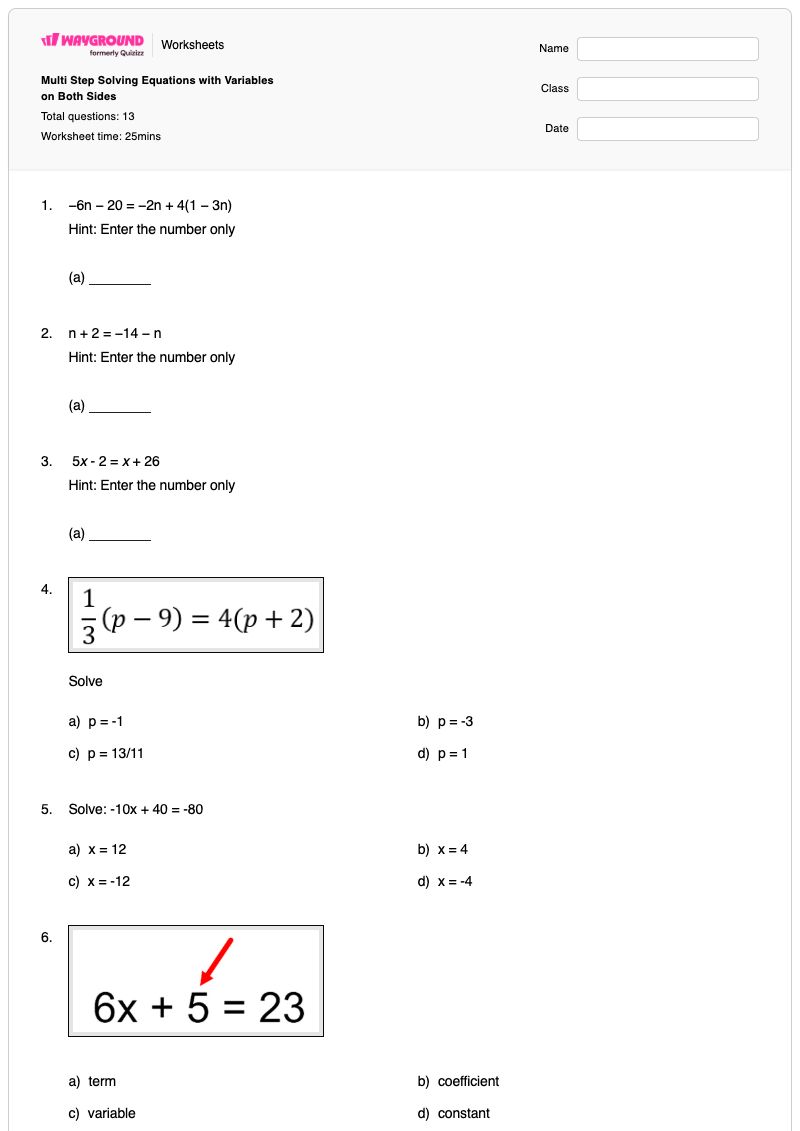 Multi Step Solving Equations with Variables on Both Sides - Printable Equations-with-variables-on-both-sides Worksheets Class 7 - Wayground