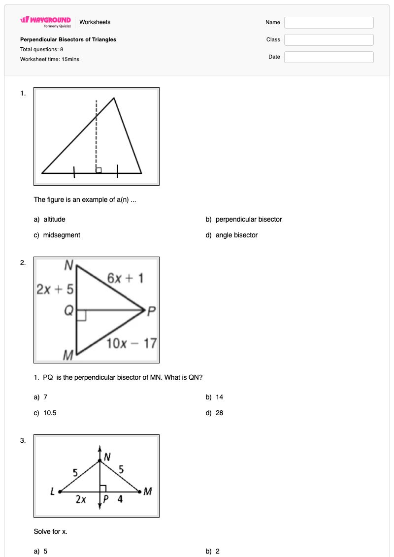 Perpendicular Bisectors of Triangles - พิมพ์ได้ เส้นแบ่งครึ่งตั้งฉาก เวิร์กชีท - Wayground