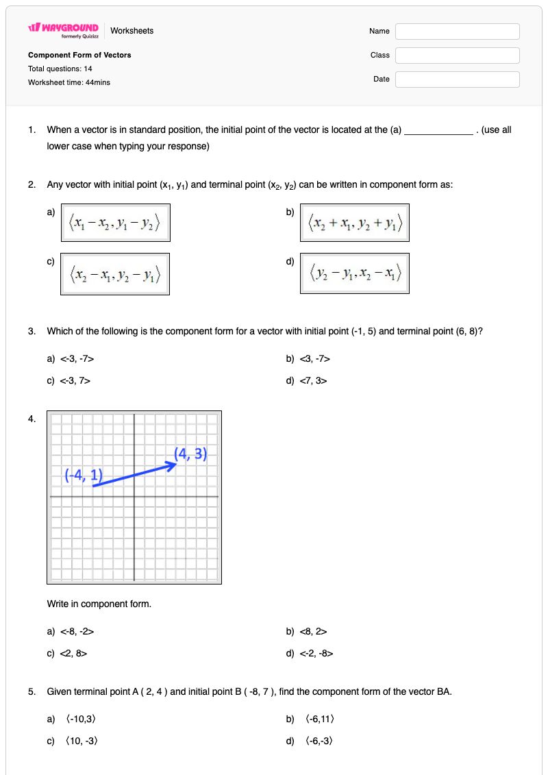 Component Form of Vectors - พิมพ์ได้ ส่วนประกอบเวกเตอร์ เวิร์กชีท - Wayground