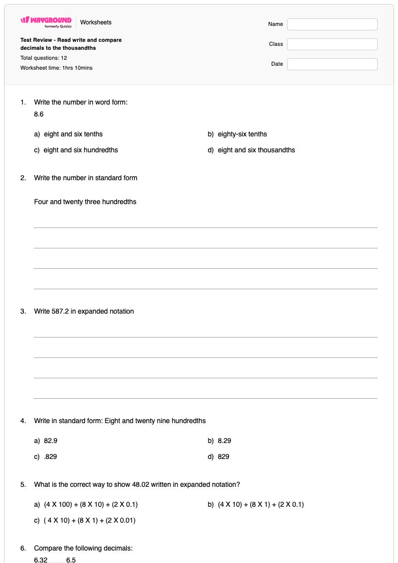 Test Review - Read write and compare decimals to the thousandths - พิมพ์ได้ Comparing-decimals เวิร์กชีท - Wayground