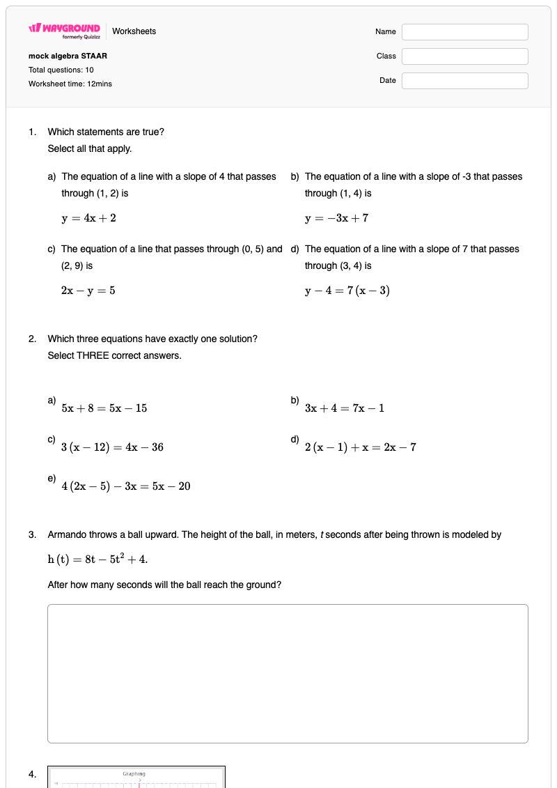 mock algebra STAAR - Printable Algebra-2 Worksheets - Wayground