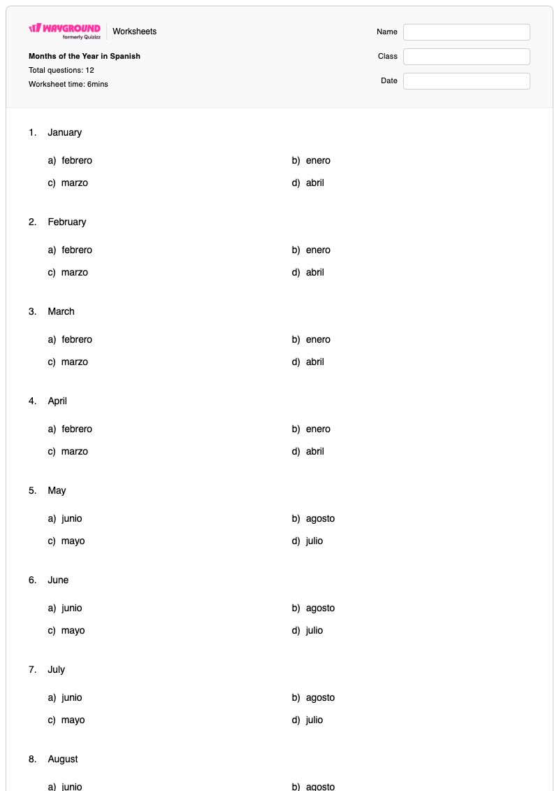 Months of the Year in Spanish - Printable Months-of-the-year Worksheets - Wayground