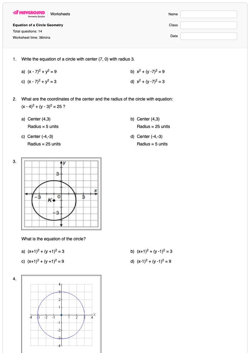Equation of a Circle Geometry - Printable Equation-of-a-circle Worksheets - Wayground