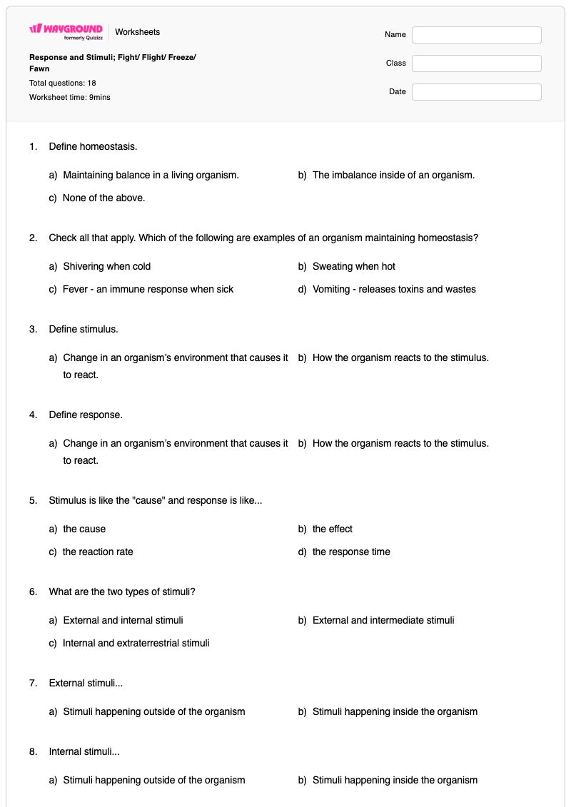 Response and Stimuli; Fight/ Flight/ Freeze/ Fawn - พิมพ์ได้ ปฏิกิริยาต่อสู้หรือหนี เวิร์กชีท - Wayground