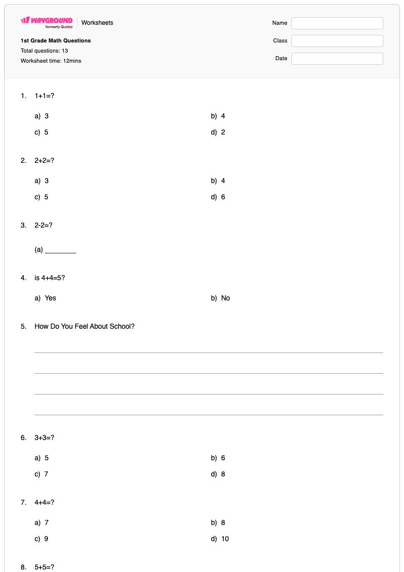 1st Grade Math Questions  - Printable Math Worksheets Year 1 - Wayground