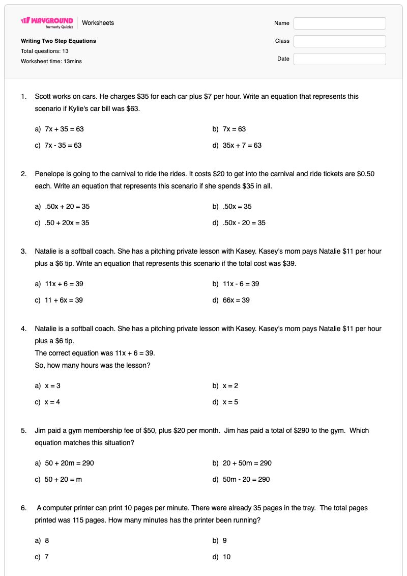 Writing Two Step Equations - พิมพ์ได้ สมการสองขั้นตอน เวิร์กชีท - Wayground