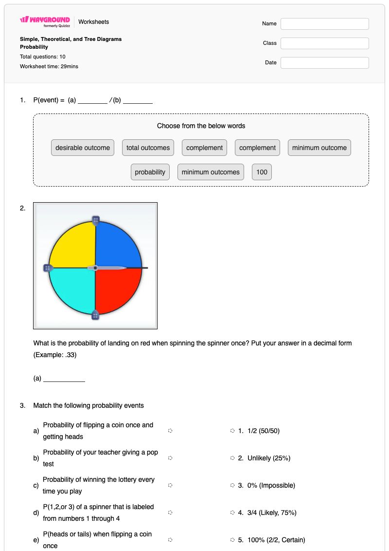 Simple, Theoretical, and Tree Diagrams Probability - พิมพ์ได้ Tree-diagrams เวิร์กชีท - Wayground