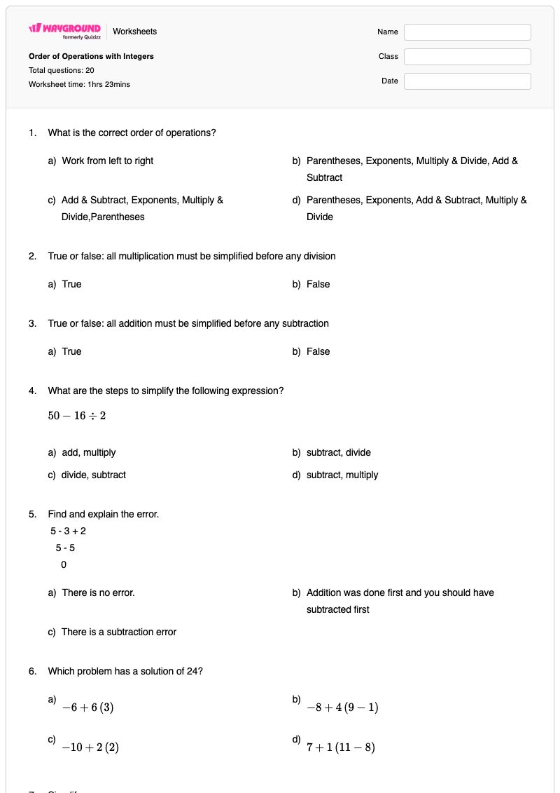 Order of Operations with Integers - พิมพ์ได้ Operations-with-integers เวิร์กชีท ระดับ 9 - Wayground