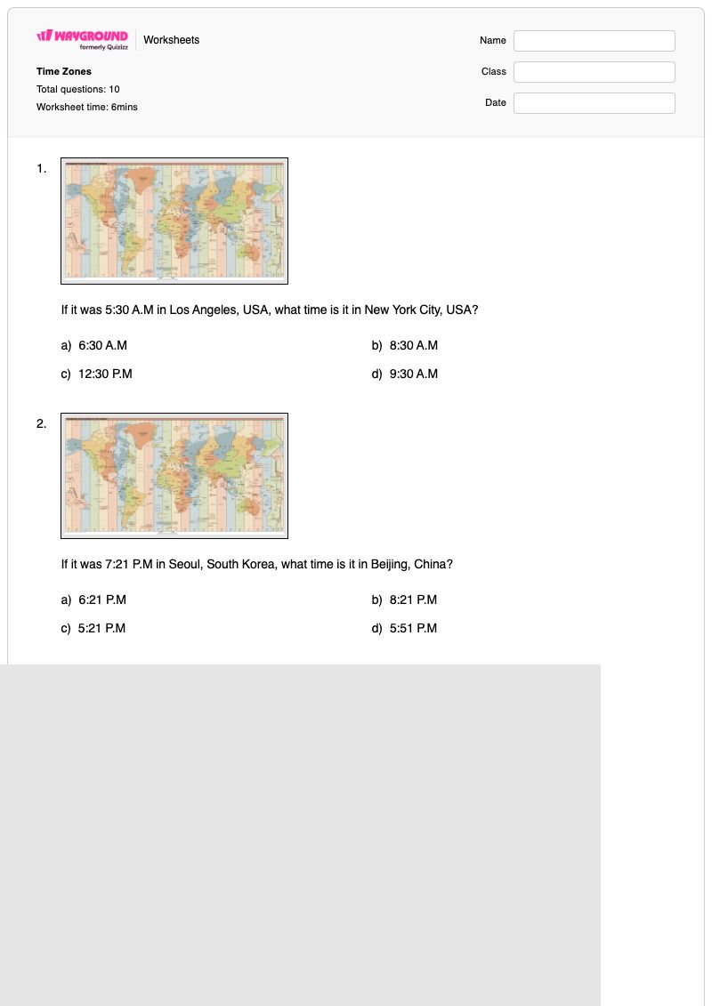 Time Zones - พิมพ์ได้ เขตควบคุม เวิร์กชีท ระดับ 7 - Wayground