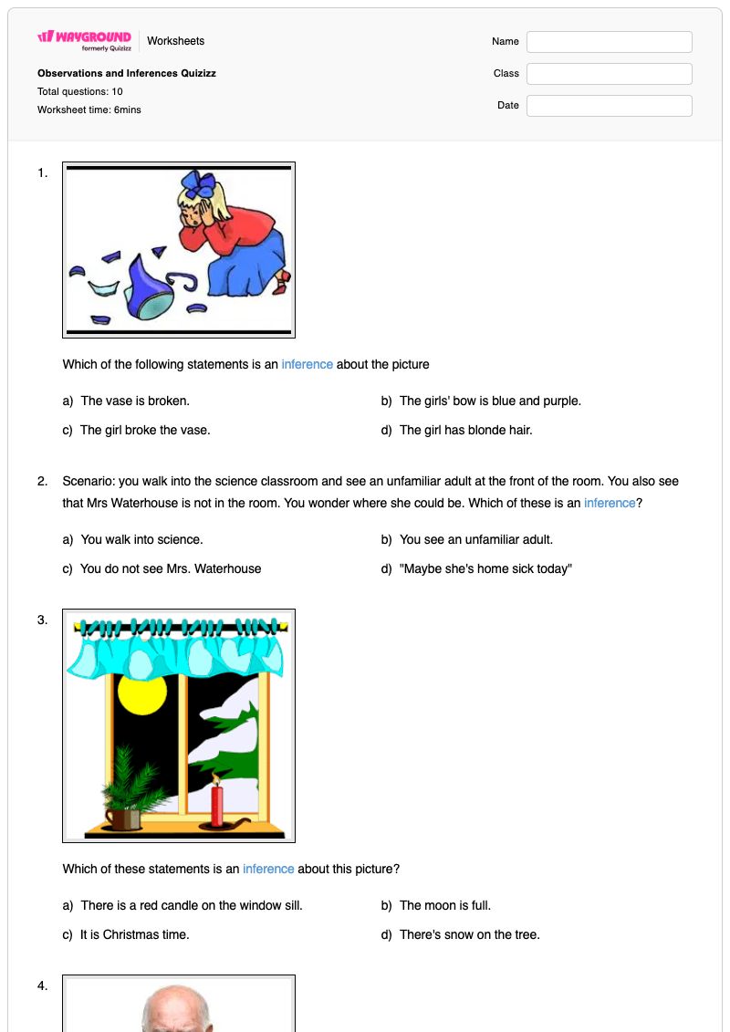 Observations and Inferences Quizizz - พิมพ์ได้ Observation-and-inference เวิร์กชีท - Wayground