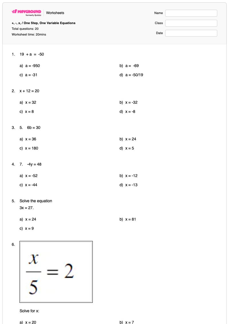 +, -, x, / One Step, One Variable Equations - พิมพ์ได้ สมการขั้นตอนเดียว เวิร์กชีท - Wayground
