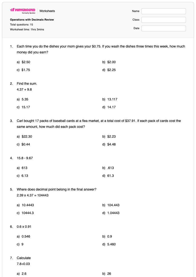 Operations with Decimals Review - Printable Operations-with-money Worksheets Class 5 - Wayground