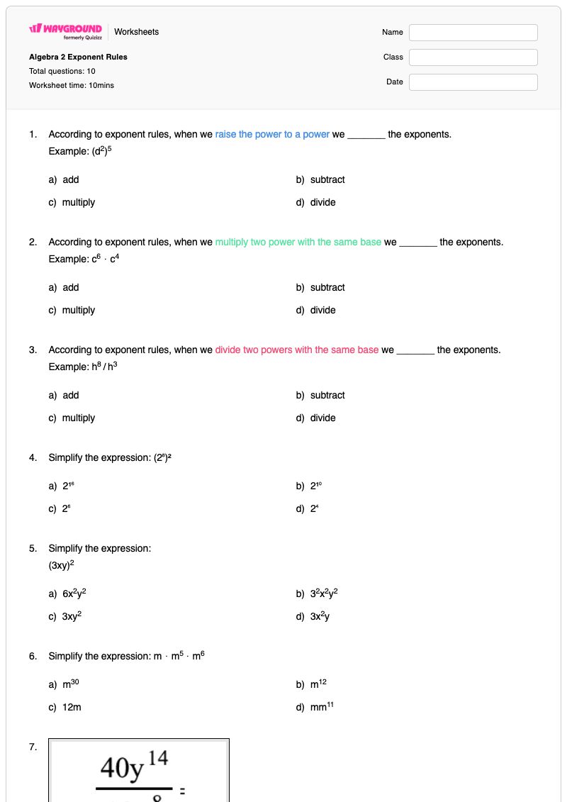 Algebra 2 Exponent Rules - Printable Algebra-2 Worksheets - Wayground