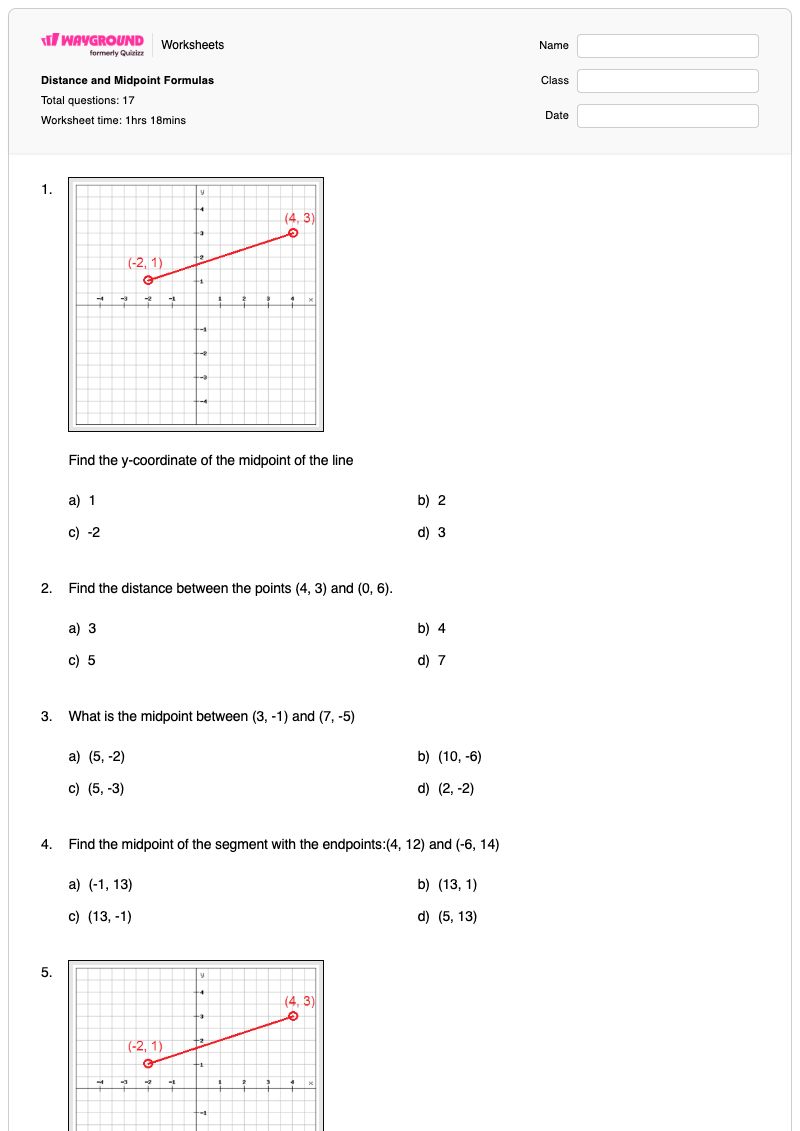 Distance and Midpoint Formulas  - พิมพ์ได้ สูตรจุดกึ่งกลาง เวิร์กชีท ระดับ 9 - Wayground