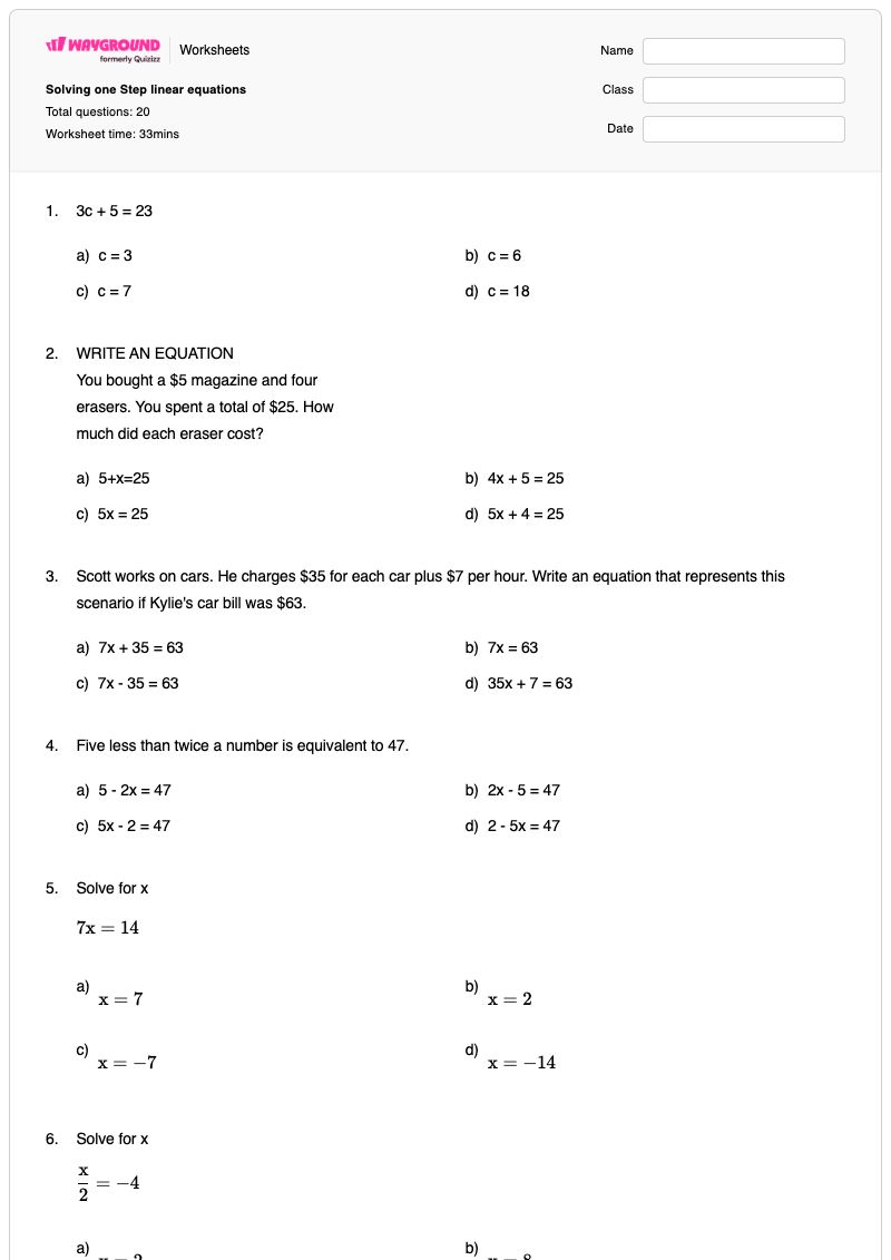 Solving one Step linear equations - พิมพ์ได้ สมการขั้นตอนเดียว เวิร์กชีท - Wayground