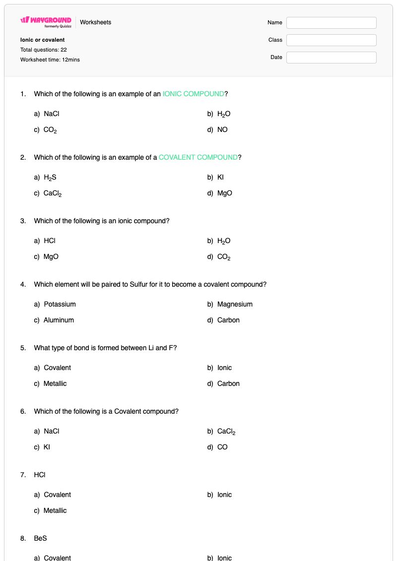 Ionic or covalent - พิมพ์ได้ สารประกอบไอออนิกและโคเวเลนต์ เวิร์กชีท - Wayground