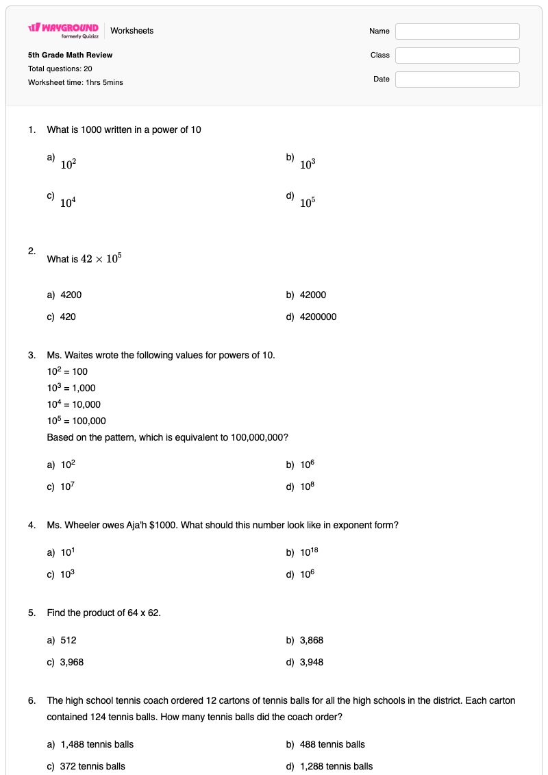 5th Grade Math Review  - พิมพ์ได้ พลังสู่พลัง เวิร์กชีท ระดับ 8 - Wayground