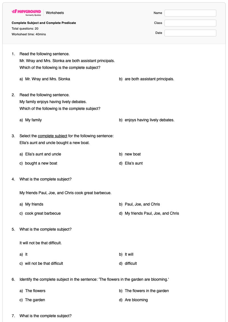 Complete Subject and Complete Predicate - พิมพ์ได้ Complete-predicate เวิร์กชีท ระดับ 5 - Wayground