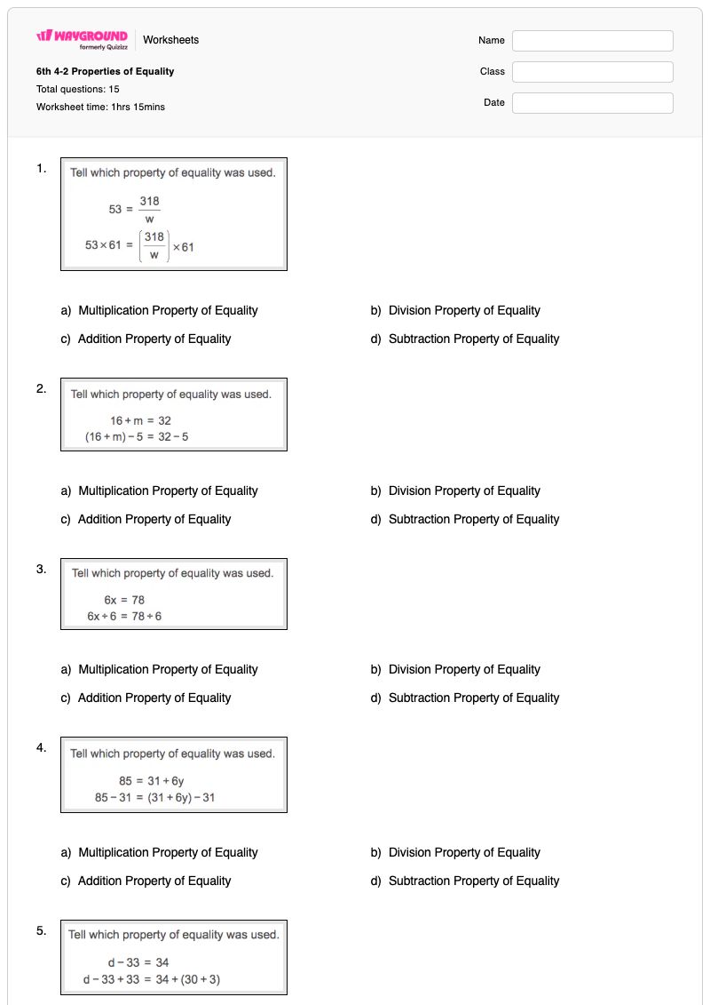 6th 4-2 Properties of Equality - Printable Properties-of-equality Worksheets Year 6 - Wayground