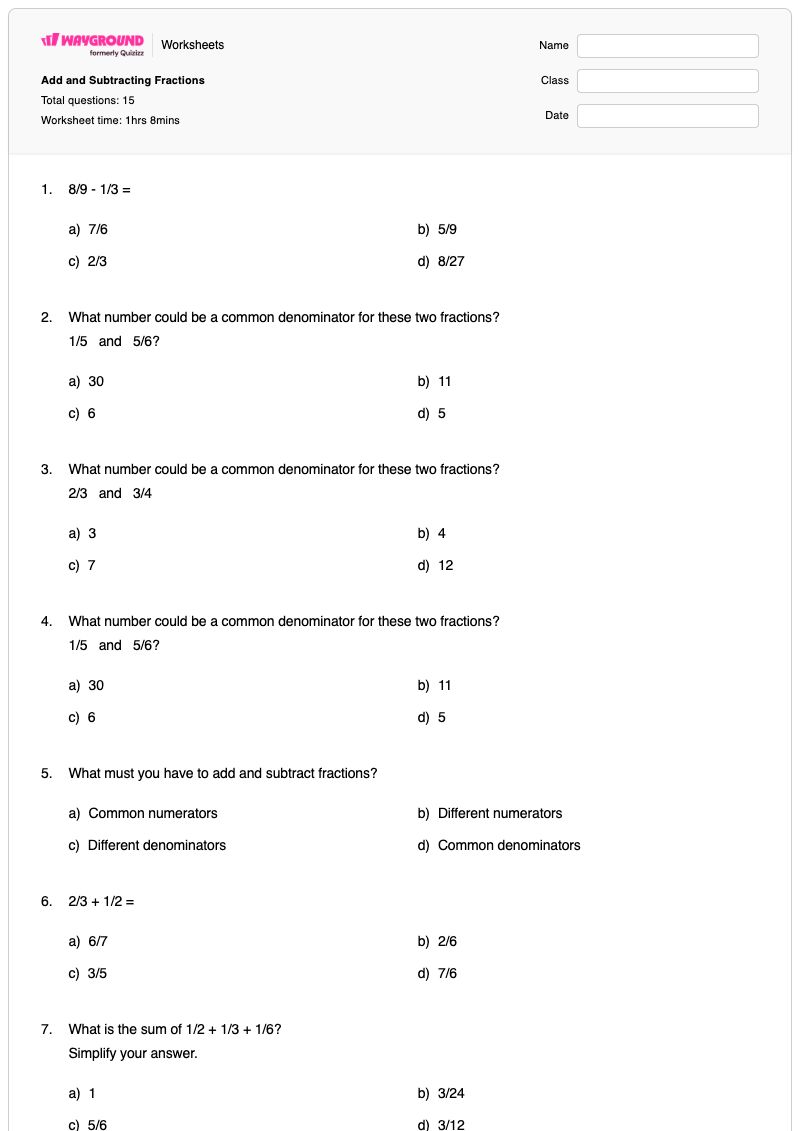 Add and Subtracting Fractions - Printable Subtracting-fractions Worksheets - Wayground