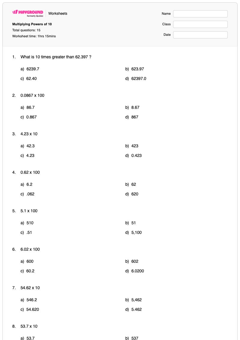 Multiplying Powers of 10 - Printable Powers-of-10 Worksheets - Wayground