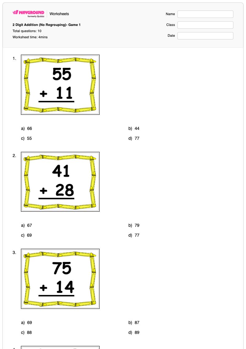 2 Digit Addition (No Regrouping)- Game 1 - Printable Addition Worksheets - Wayground