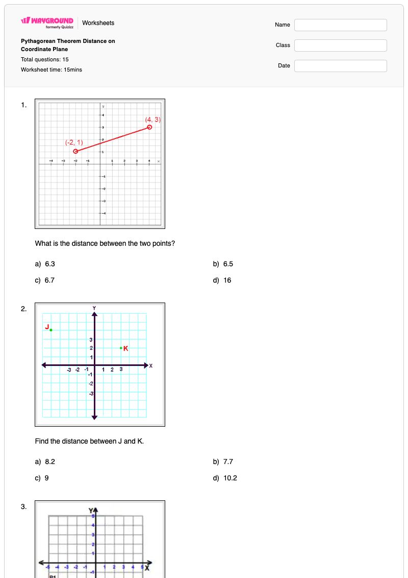 Pythagorean Theorem Distance on Coordinate Plane - Printable Distance-on-the-coordinate-plane Worksheets - Wayground